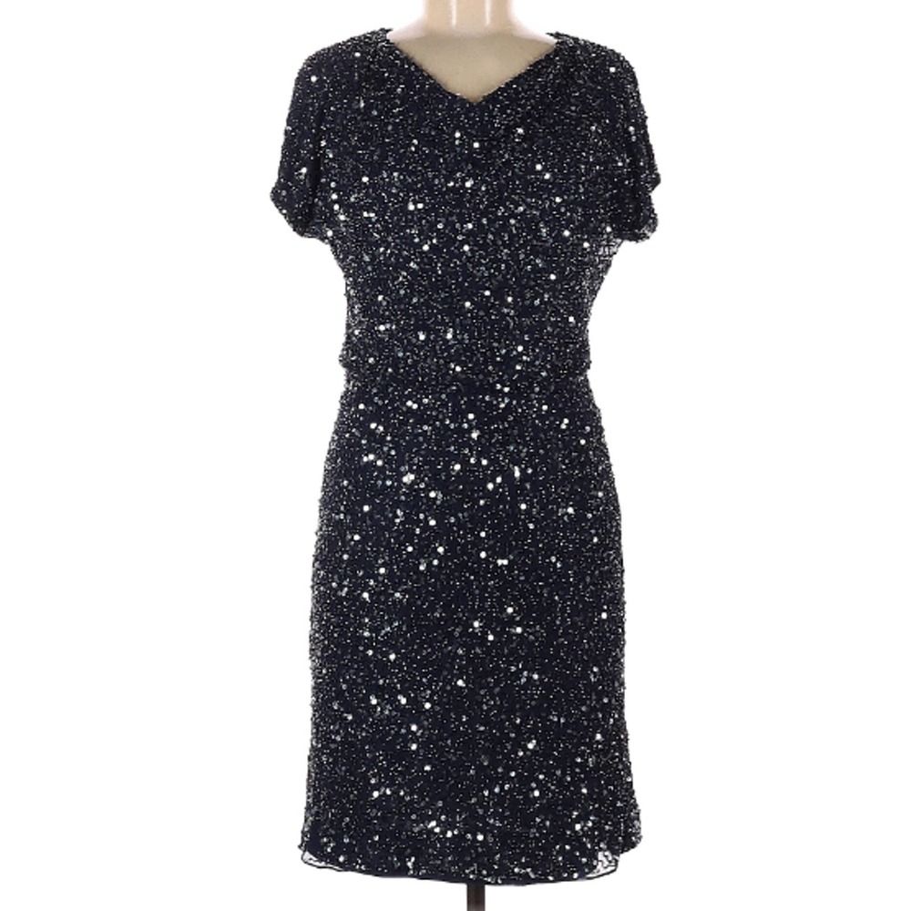 Pisarro Nights Women SZ 6 Silk Beaded Sequined Blue Lace Midi Dress Starry Night
